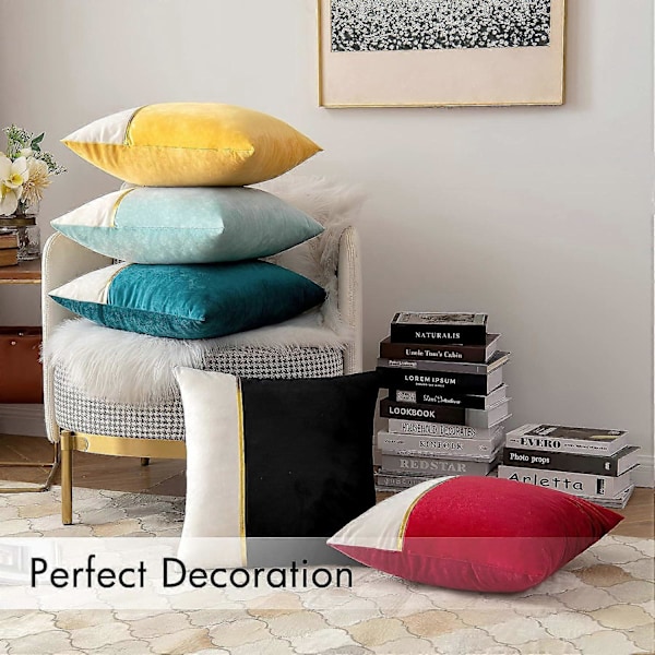 2-pack Dekorativa Sammets Kuddfodral Patchwork med Guld Läder Fyrkantiga Mjuka Enfärgade Örngott Soffkuddar Kuddfodral för Säng Soffa Li
