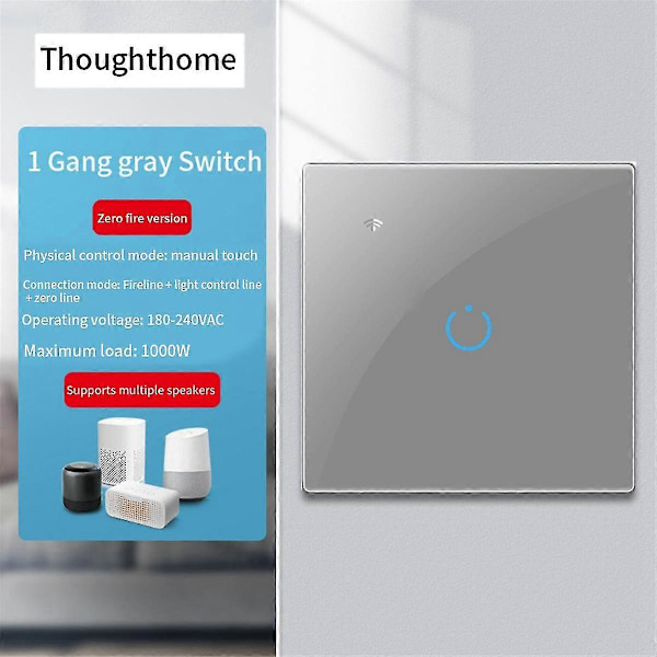 Tuya Wifi Smart Switch Touch Lyskontakt Nul Brandlinje 1 Kontakt Grå