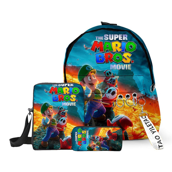 3stk Mario rygsæk+frokostpakke+pentaske Super Mario Bros skoletaske Animetaske Børn Skolerygsæk Skuldertasker Penalhus Mario 02 2pcs  Lunch-pen Bag