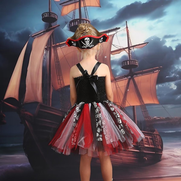 Kid Jenter Halloween Pirate Captain Cosplay Festkostymekjole+øyelapp+lue+skulderveskesett Gaver 8-9 Years