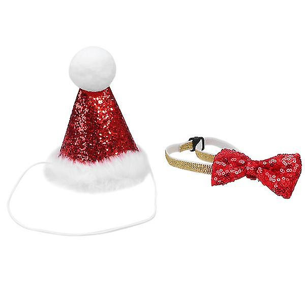 Bestselger 2 stk Kjæledyrjulekostymer Justerbar julesløyfe og lue Cosplay-kostyme Bedårende hodeplagg for katter Hunder (trekant + sløyfe)