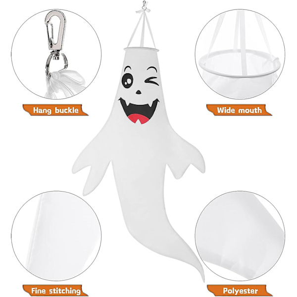 Halloween Ghost Windsock hængende dekorationer, 140cm 2 Pack Windsock Flag Med Varm Gul Led Lys Udendørs Til Gård Patio Have Pathway Party Decor White