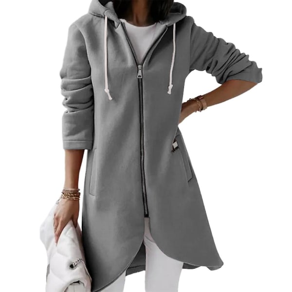 Kvinder Uregelmæssig fuld lynlås lang frakke Casual udendørs efterår langærmet hættejakke Gray 3XL