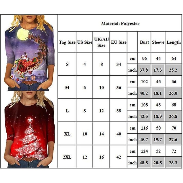 Kvinder juletema trykt T-shirt med trekvart ærmer T-shirt med rund hals Xmas Casual Bluse Pullover Top style 3 2XL