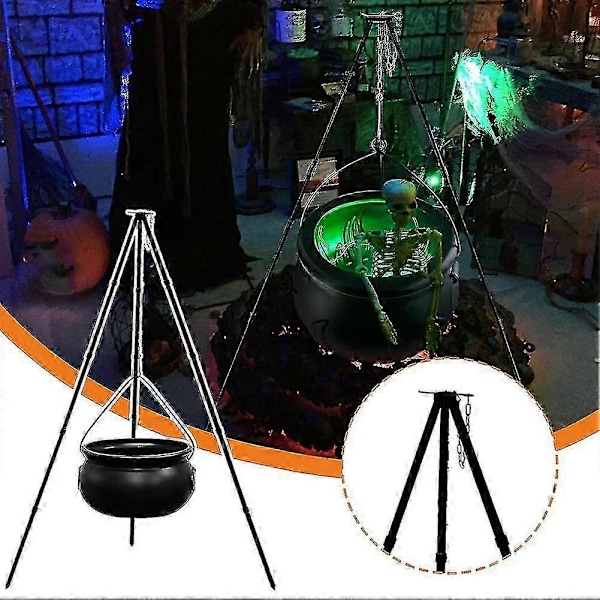 Suuri ulkoilma Halloween-noidan kattila valoilla ja kolmijalka-telineellä