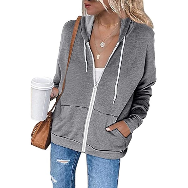 Kvinder Lynlås Hættejakke Langærmet Frakke Casual Toppe Grey XL
