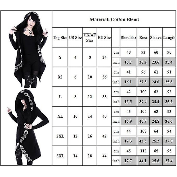 Kvinnor Gothic Snygg Punk Hooded Loose Jacka Ytterkläder Långärmad öppen främre kappa Halloween XL