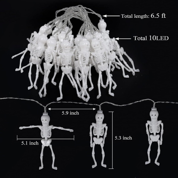 Skeleton Lights Halloween String Lights,6.5ft 10led Skeletter Halloween Skull Lights Decoration,2 Light Modes Batteridrevet String Lights,uhyggelig Hal