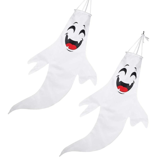 Halloween Ghost Windsock hængende dekorationer, 140cm 2 Pack Windsock Flag Med Varm Gul Led Lys Udendørs Til Gård Patio Have Pathway Party Decor White