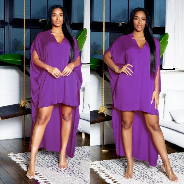 Klänning satin dolman ärm V-ringad topp mode kort framtill bak lång lös klänning purple M