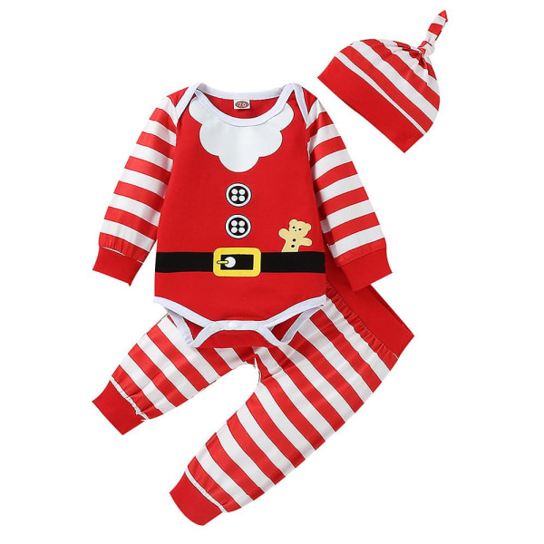 Småbørn Baby Julemand Cosplay kostume stribet langærmet jumpsuit + bukser + hat sæt julefancy dress up kostume 9-12 Months