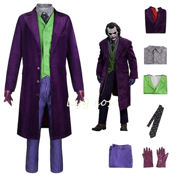 Elokuva Knight Joker -asu Heath Ledger Cosplay -puku Halloween Clown univormu Violetti Takki Trench Vest Housut Täysi setit L