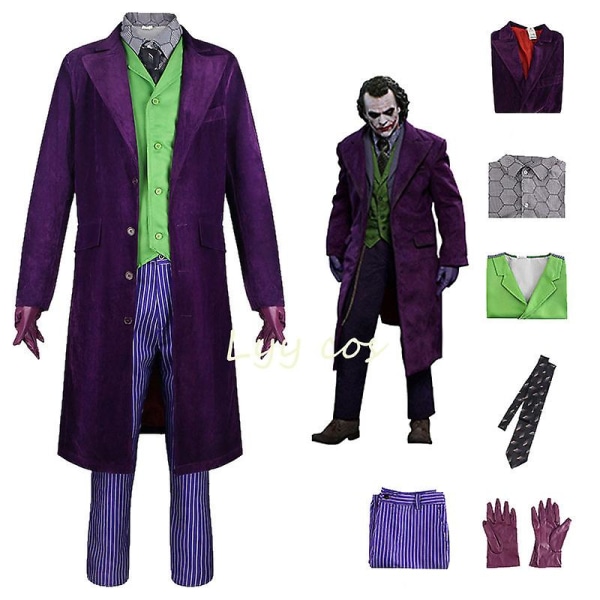 Movie Knight Joker Costume Heath Ledger Cosplay Suit Halloween Klovne Uniform Lilla Jakke Trench Vest Bukser Fuld sæt XS