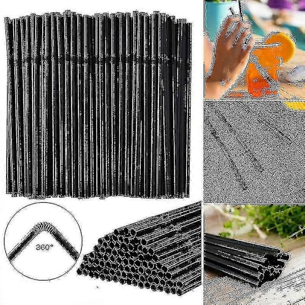 500/200/100 stk. Fleksible bøyelige svarte drikkestrå av plast, engangsstrå