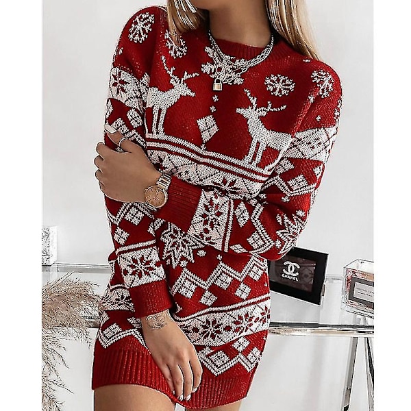 Ny dame juletrøje Xmas Elk Strik Pullover Jumper Top Red L