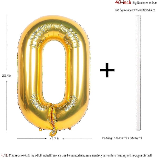 2 kpl 40 tuuman kultaisia numero heliumfolio syntymäpäiväjuhlapalloja (kulta 0)