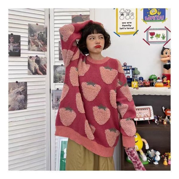 Japansk kawaii rosa tröja kvinnor Harajuku mode stickad tröja M