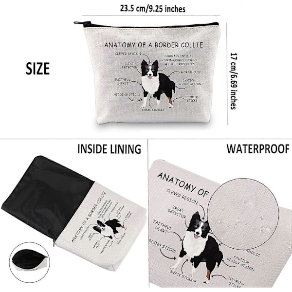Bordercollie-koiran ystävän lahja Bordercollien anatomia meikkipussi Bordercollie-koiran äidin kosmetiikkapussi Bordercollien omistajan lahja Eläinten ystävän matkakassi