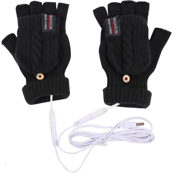 Termisk opvarmede handsker til mænd, kvinder, opvarmede vanter Usb elektriske håndvarmere Genopladelige, vaskbare, fulde og halve hænder, varme handsker til indendørs eller udendørs Black