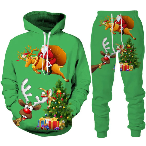 Julenissen 3D-utskrift Mann Kvinne Hettegenser + bukser 2stk sett Nyttårsferiefest Uformelt Oversized Pullover Joggedresssett style 6 160