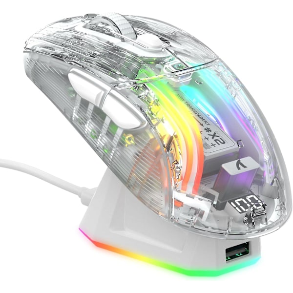 X2 Pro langaton pelihiiri RGB-lataustelakalla, kolmitoiminen PC-pelihiiri 2.4G/Bluetooth/langallinen, äänetön hiiri RGB-taustavalaistu, läpinäkyvä kuori, PixArt