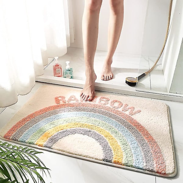 Tflycqrainbow Flockande Badkarsmatta, Badrumsmatta Vattenabsorberande Halkfri Mjuk Mikrofibermatta För Badkar Handfat Dusch Och Badrum Söt Tecknad Dörrm