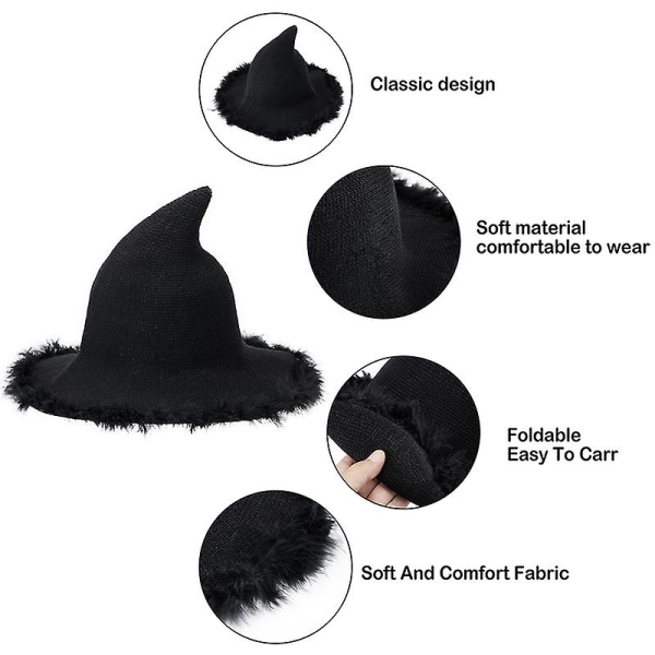 Halloween Häxhattar Dam Plysch Trim Bred brättad Cap Maskerad Cosplay Party Hattar Kostymtillbehör B