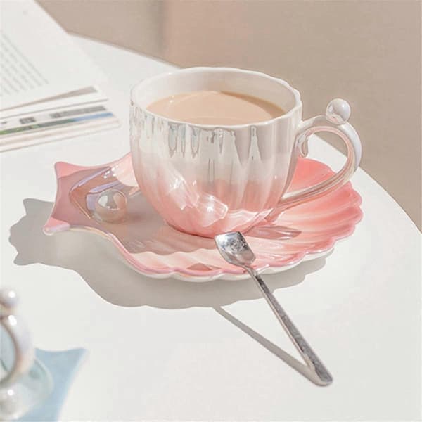 Keramisk kaffekop med underkop, perlemorskop, søde kaffekopper til kontor og hjem, til te latte