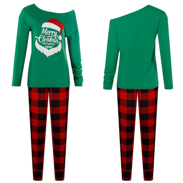 Julebokstavtrykk for kvinner Pyjamassett Juleoverdeler med lange ermer rutete bukser Pyjamas Hjemmeklær Green XL