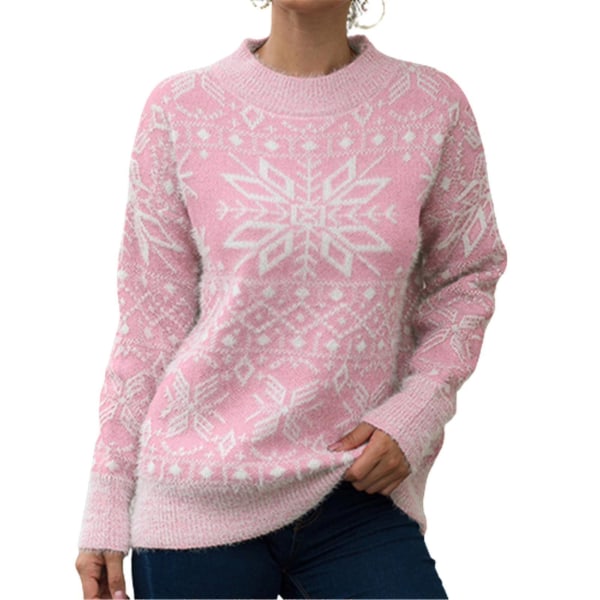 Julesweater Damer Julesnefnug Varm sweater Strikket sweater med o-hals Pink L