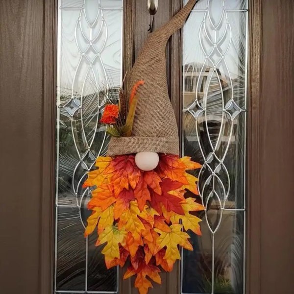 Efterårsdørkrans Farverig krans med ahornblade og nisse Halloween-dekorationsprodukter til gårdhavegårdsdør Porch Entr Yellow
