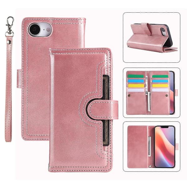 Til iPhone 16e etui i spaltlæder med magnetisk pung og håndledsrem - Rosaguld Multicolor Rose Gold