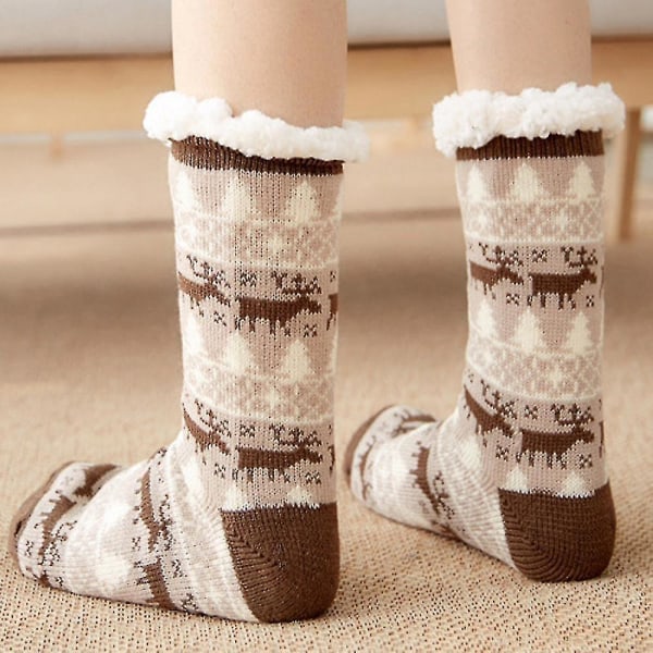 Dame julestrømper Mid Calf Ekstra tykk fleece foret myk gulv tøffelsokker Coffee Deer