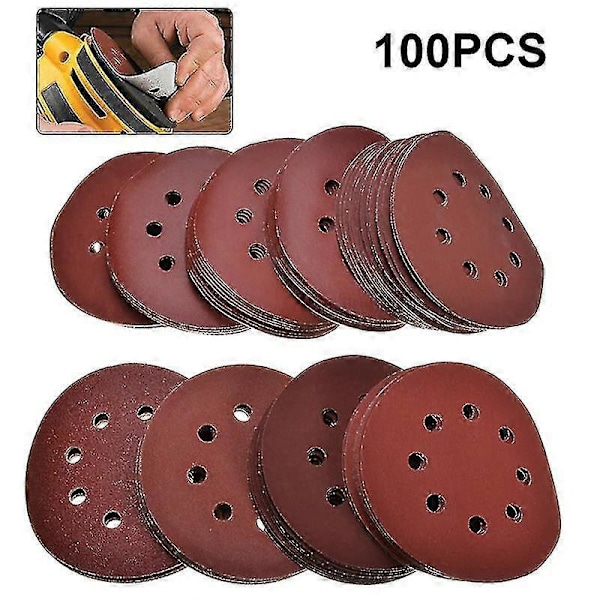 100 stk. 125 mm 5&amp;quot; slibepuder rund form slibeskiver krog og løkke sandpapir 80 3000 blandet korn værktøjsdele