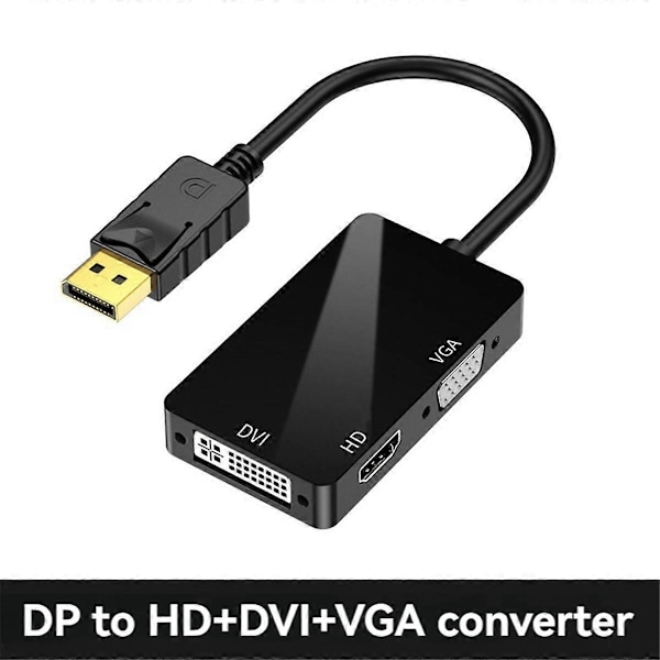 DP till VGA DVI 3-i-1 Adapterkabel DP En-Till-Tre Videokonverterare Stöder 1080P, Lämplig för Pro