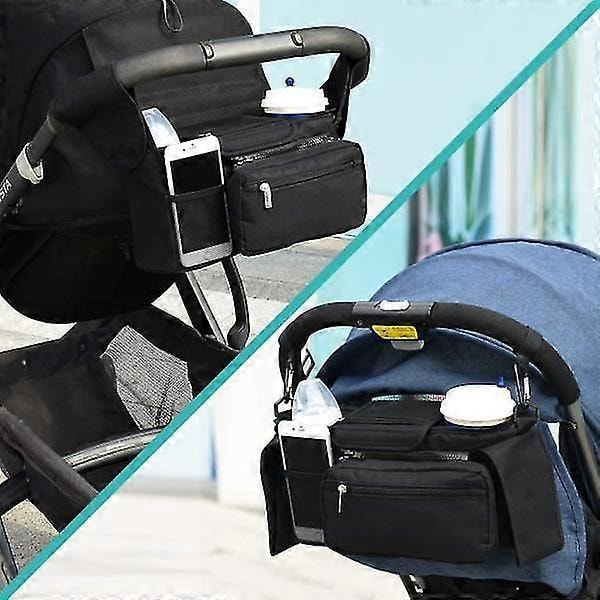 Svart, Barnevogn og Barnevognorganisator, Universell Oppbevaringsveske for Barnevogn med 2 Koppholdere Isolert Flaskeholder, Stor Lomme for Telefon o