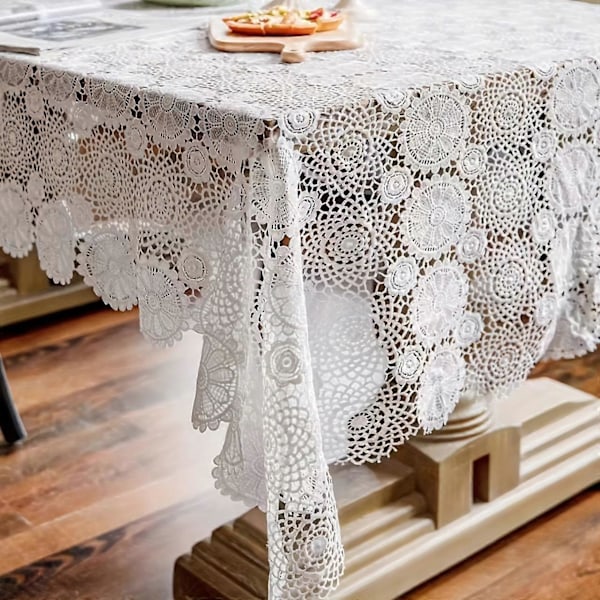 Ny stil 1 st, Polyesterduk, Fransk Retro Lätt Lyx Broderad Spets Långt Bordsöverdrag, Soffbordsmatta, Vit Nordisk TV-duk, Vinskåp