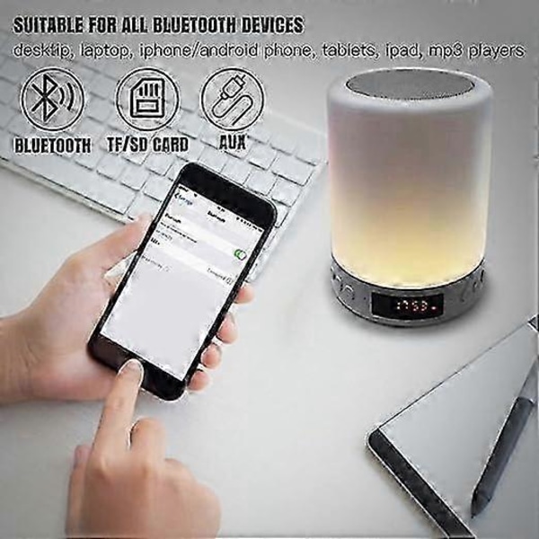 Bluetooth Högtalare Dimbar Sänglampa Touchkontroll RGB 6 Färgskiftande Nattlampa Väckarklocka Bordslampor för Sovrum