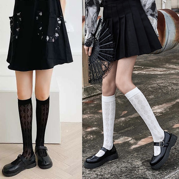 Dame Sommer Tynde Knæhøje Strømper Lolita Diamantstribet Jacquard Læg Strømper
