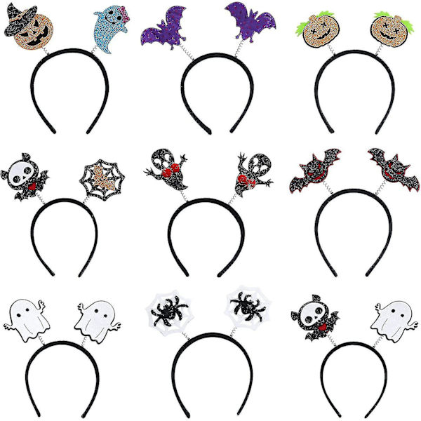 9 st Halloween pannband, paket med 9 häxpannband Djävulens hårbågar Pumpa Huvudbonader Hårband Halloween Kostym Festdekoration För Barn Vuxna