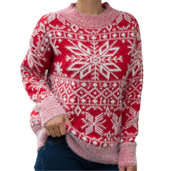 Christmas Genser Dame Christmas Snowflake Varm Genser Strikket O-hals Genser Red L