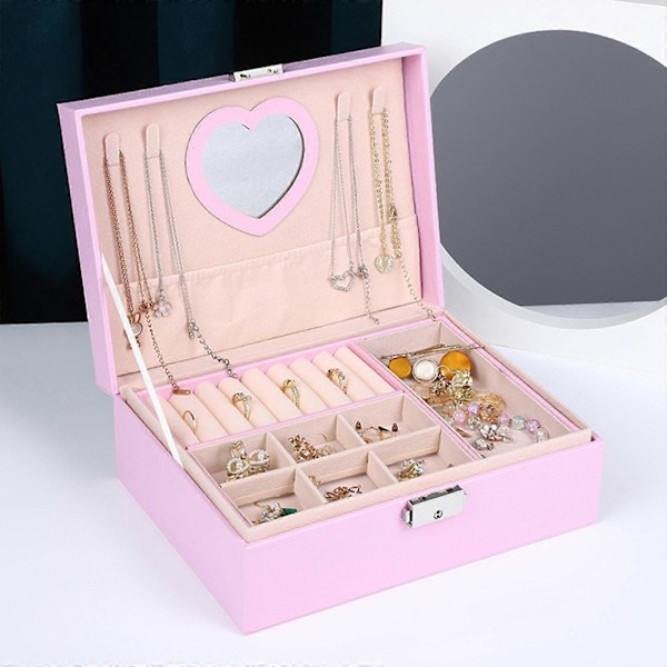 Elegant Smyckeskrin med Fack PU Läder Smyckesdisplay Mode Smyckesorganisatör Alla Hjärtans Dag Present Rosa
