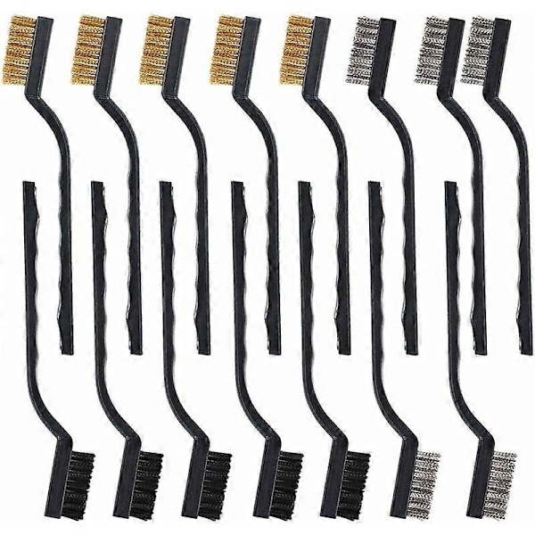 15 Delers Wire Brush Sett med Buet Håndtak Rustfritt Stål Messing og Nylon