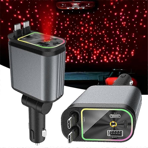 4-in-1 Sisäänvedettävä Autolaturi USB-pikalatauskaapelilla ja Tähtitaivas Auton Kattoilmapiirivalolla