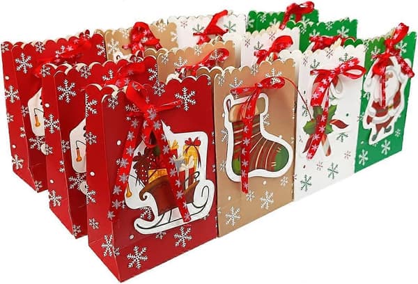 12 st Julklappsaskar - Små Julpåsar, 4 Premium Design Återanvändbara Presentpåsar