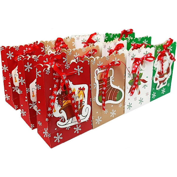 12 stk. Julegaveesker - Små juleposer, 4 premium design gjenbrukbare gaveposer