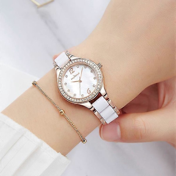 Dame Keramiske Armbåndsure Mode Luksus Quartz 3ATM Vandafvisende Rustfrit Stål Armbåndsur (Guld)