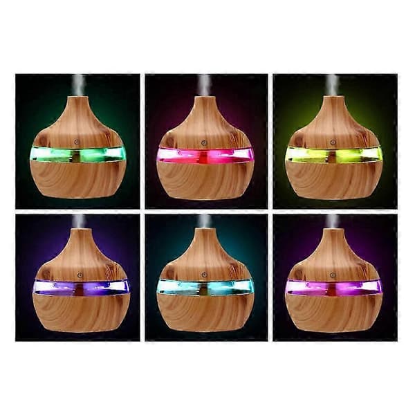 2025 2023 Ny 300 ml USB Aroma Luftfugter Æterisk Olie Diffuser, 7 LED-lys, Trækornsdesign