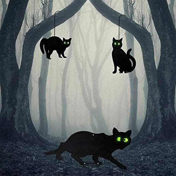 Nye Modeller 1 Sett med 3 Halloween Metall Svart Katt med Reflekterende Øyne Halloween Uteplass Skilt Utendørs Dekorasjon Skummel Katte Silhuett Statue Stake for Hjemmet