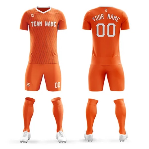 Engros Menn voksen Gutter Fotballsett tilpasset Print Treningsspill Drakter Barn Fotballskjorter + Shorts Løpedresser Orange 3XL